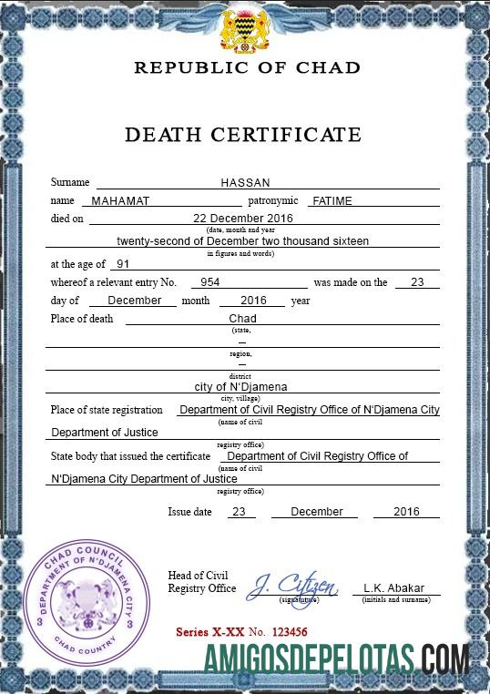 Para baixar modelo PSD de certidão de óbito de registro vital do Chade